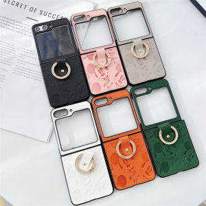 เคส Samsung Galaxy Z Flip 5 5 5G สำหรับ Samsung Galaxy Z Flip 5 เคส 2023 PC แบบแข็ง ดีไซน์หนังลายลิ้นจี่ PU แบบแข็งแรง มีแถบกันลื่นในตัวน้ำหนักเบาสำหรับ Z Flip 5