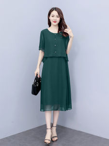 พลัสไซส์ ผู้หญิง Midi ฤดูร้อน เดรส ผ้าชีฟอง เรียบหรู คอกลม แขนสั้น กระโปรงทรงเอ พรางหุ่น ผ้าคลุมหน้าท้อง ทันสมัย แม่ เดรส