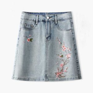 National Style Embroidered Denim Skirt Female 2024 New Arrival Summer Small High Waist Slim Looking Heavy Industry Sheath A- line Skirt