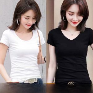 เสื้อยืดแขนสั้นผู้หญิงทรงสลิมฟิต สีดำ ทรงเข้ารูป ฤดูร้อน 2023 เสื้อเชิ้ตคอตตอนผสมโพลีเอสเตอร์ ปกติ