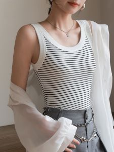 Nữ Mỏng Dây Đeo Vai  Áo Hai Dây Mùa Hè Thoáng Khí Cộc Tay Không Tay Mặc Bên Trong Co Giãn Ôm Vừa Vặn Sọc Hoa Văn Áo Lót Áo Khoác Ngoài