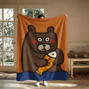 BILIBILI | Cartoon Bear Holding Fish Flannel Blanket Perfect for Sofa Office Bed Travel Sleep Read Relax Camping Four Season Use