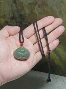 Premium bluish greenish Nephrite hand carved freeform 3 dimensional Laughing Buddha pendant  (with certificate) [Natural Crystal] 和田玉且末蓝纯手工圆雕立体抱抱佛吊坠(带证书) 抱元守一 和气生财