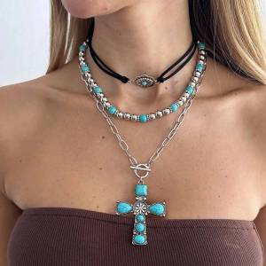 IngeSight.Z 4 Pcs/set Vintage Green Stone Jesus Cross Pendant Necklaces Women Boho CCB Beaded Choker Jewelry Accessories Gifts