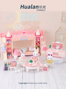 Mini Rabbit Family Three People Double Layer Bed TV Cabinet Childrens House Pretend Play Toy Warm Bedroom Miniature Rabbit