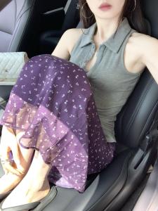 Váy Midi Cạp Cao Họa Tiết Hoa Mềm Mại Cổ Điển Màu Tím Cho Nữ Váy Chữ a Dáng Chữ a Che Mông Bằng Vải Chiffon