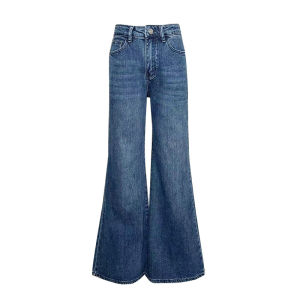 Quần Jeans Denim Ống Rộng Cạp Cao Màu Xanh Cổ Điển Cho Nữ Thu Đông Quần Dài Ôm Dáng Chống Thon Gọn Quần Dài Thường Ngày