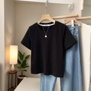 Short Shoulder O-Neck Solid Color T-Shirt Womens Summer New Style Simple Match round Neck Pure Cotton Short Sleeve Top
