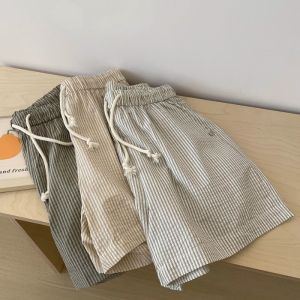 Bubble Cotton Vertical Stripes Casual Shorts Women! Korean Style Elastic Waist Loose A- line Wide Leg Home Hot Pants Cropped Pants for Women