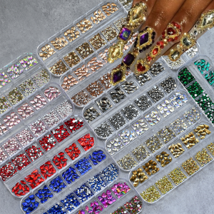 12Grids 3D Mixed-Shapes Nail Art Rhinestones Gold/AB/Clear/Red Flatback Glass Diamond Nail Charms DIY Nail Art Decorations Gems