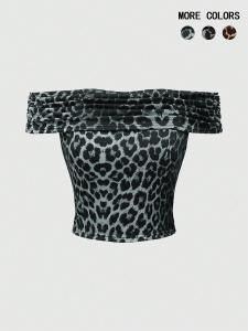 Ladies Leopard Print Ruffle Shoulder T-Shirt Casual Short Style Top for Daily Holiday Vacation Outdoor Activities