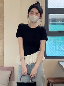 Plus Size Womens Clothing Plus Size Ladies Cold Series Fancy Tops Summer Belly Covering round Neck Mesh Stitching Black Shoulder T-shirt