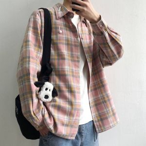 Big Sale Leak-Picking Japanese Style Retro Plaid Shirt Men Casual Long Sleeve Shirt Stain-Resistant Wear-Resistant Loose Working Outwear