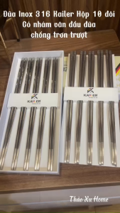 Hộp 10 Đôi Đũa Inox 316 Kailer KL-8386 Dài 24.2cm Có Vân Nhám Đầu Đũa Gắp Không Trơn Trượt