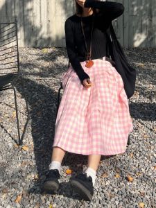 Váy Xếp Ly Kẻ Caro Màu Hồng Thanh Lịch Cho Nữ Cỡ Lớn Mùa Thu Dài Đến Đầu Gối Váy Công Sở Phong Cách Hàn Quốc