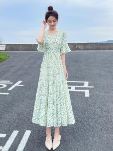 Floral Print Maxi Dress Women Summer 2025 New Style French Vintage Slimming Effect Street Style Chiffon Knee-Length Cake Skirt