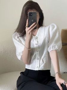 French Style Bubble Sleeve Short Length Womens Chiffon Shirt Summer New Design Sweet Spicy Slimming Personality Top
