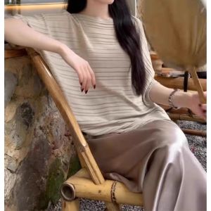 YUEZHONGWEI | Loose Fit French Style Ice Silk Linen Knitted Short Sleeve T-Shirt Women Summer New Casual Round Neck Pullover Top