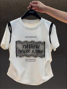 2026 Spring Fashion French Elegant Round Neck Color Block Lace T-shirt