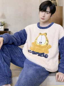 ชุดนอนผู้ชายสไตล์เกาหลี ขนแกะคอรัลหนา ฤดูหนาว ขนาดใหญ่ ผ้าฝ้ายขนแกะ ชุดอยู่บ้าน คอตตอน แขนยาว ทรงหลวม