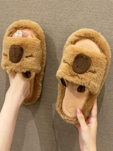 Womens Roman Style Soft Bottom Slip-On Indoor Slippers Cute Beaver Design Fall Winter Collection Plush Material Anti-Slip Sole