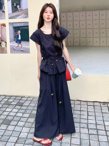 YINLUOYA | ชุดสองชิ้นผ้าลินินฤดูร้อนสำหรับผู้หญิง แขนกุด กางเกงขากว้าง สไตล์เกาหลี ลำลอง สบายๆ เสื้อเชิ้ต ชุดทำงาน เดรสยาว