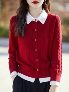 Autumn 2024 New Style Womens Knitted Cardigan Doll Collar Button-Up Soft Skin-Friendly Fake Two-Piece Long Sleeve Sweater Jacket