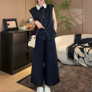 Shalldoer | Fashionable Lace Splice Sleeveless Polo Collar Two-Piece Set For Women Summer Casual Wide Leg Nine-Piece Pants Ensemble