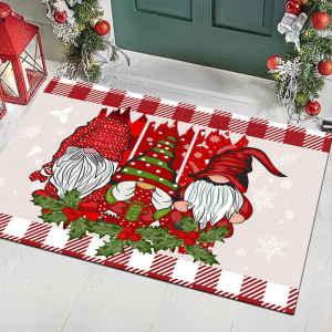 VIKAMA Kẻ Sọc Xanh Viền Gnome Holly Berry Xmas Thảm Chùi Chân Chống Trượt Cho Lối Vào Hành Lang Trang Trí Nhà Cửa Chống Phai Màu Có Thể Giặt Bằng Máy