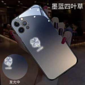 Glowing Purple Four Leaf Clover Glass Phone Case for  15Plus 14ProMax 13 Mini Womens Style Sound Control Simple Design