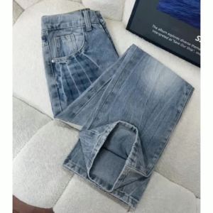 Mens Casual Loose Straight Leg Jeans American High Street Floral Lightning Crack Washed Denim Pants Bell Bottoms