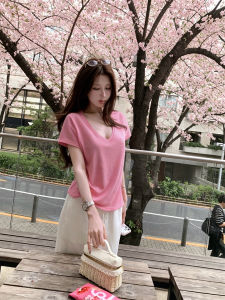 Pink Short Sleeve V-neck Sun-protection Blouse Loose T-shirt