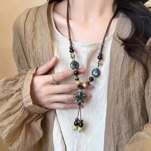 Vòng Cổ Nữ Phong Cách Dân Tộc Cổ Điển Làm Từ Gốm Sứ Đính Hạt Hoa Tua Rua Nhiều Màu Mặt Dây Chuyền Dài Kiểu Choker Trang Sức Thời Trang Dự Tiệc