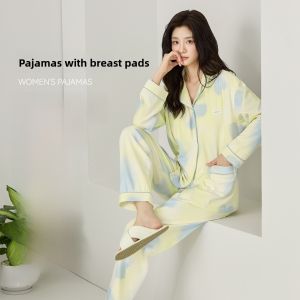Miiow | Pure Cotton Long Sleeve Sleepwear Set With Chest Pad Womens Home Clothes Casual Style Anti-Vacuum Design Comfortable Breathable