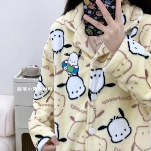 Cartoon Sanrio New Pochacco Kawaii Style Pajamas for Women Winter Flannel Thickened Long-Sleeved Home Clothes for Fat Girl Cute