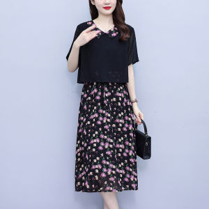 Summer Slimming Meat Concealing Floral Chiffon Dress Womens High Waist A-Line Skirt Short Sleeve Zipper Closure Commute Style