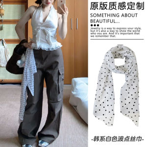 เข็มขัดผ้าชีฟองลายจุดสีขาวสไตล์เกาหลีสำหรับผู้หญิงในฤดูร้อน เข็มขัดผ้าโพลีเอสเตอร์ยาวสำหรับใส่กับกางเกงและเสื้อผ้า