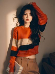 Orange Spliced Knitted Top Womens Casual Base Shirt Autumn New Style Comfortable Lazy Style Fashionable Straight Cut Woolen Sweater