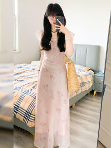 HUAYILING | French Pink Floral Print Gown Womens Summer New Style Sweet Waist Cinching Long Dress High Waist A-Line Skirt V-Neck Short Sleeve
