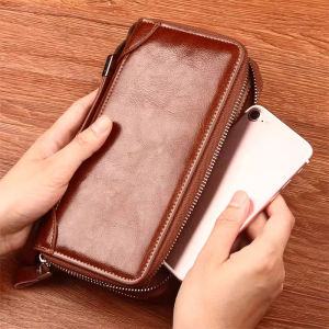 Long Zipper Wallet Leather Oil Wax Texture Handheld Mens Storage Document Cash Bifold Wallet Vintage Style Pu Synthetic