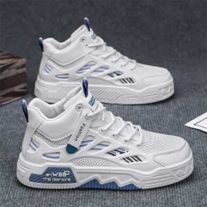 Mens High-Top Board Shoes Breathable Mesh Casual Thick Bottom Heightening White Sneakers Korean Style Summer Sports Leisure