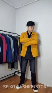 Jaket jeans pria warna kuning kunyit cokelat muda