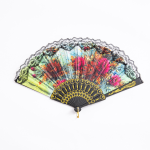 FASHION พัดจีนพัดสไตล์วินเทจ พัดแต่งขอบลูกไม้สีดำ Lace fan