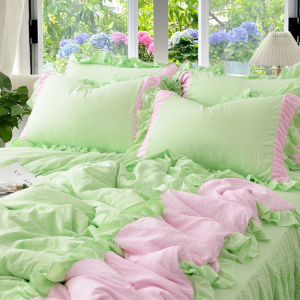 Summer Blanket Cool Four-Piece Set Summer Air Conditioning Duvet Fresh Green Pink Pure Color Washed Cotton Single Double Thin Duvet Machine Washable