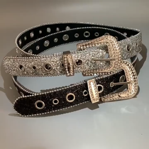 Trendy Sparkly Rhinestone PU Leather Belts- Y2K Sweet Cool Women Decorative Waistband- Fashion Casual Girls Girdle For Dress Jeans