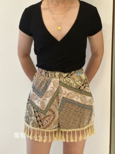 Grape Miki Export USA Chic Bohemian Ethnic Style Romantic Tassel Hem Slim Looking Elastic Waist Shorts