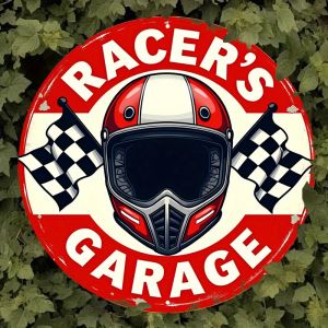 Vintage Racer Garage Metal Sign - Retro Racing Flag & Helmet Design with Pistons & Checkered FlagDistressed Edge Wall Art Decor