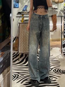 American Style Shiny Diamond Womens Straight Leg Jeans High Waist Slimming Vintage Loose Wide Leg Floor Length Pants