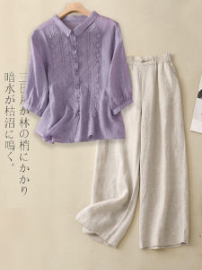 High-End Linen Cotton Set Womens Summer 2025 Large Size Stylish Mom Flax Shirt Wide Leg Pants Two-Piece Set Fashionable Ensemble