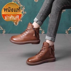รองเท้าบูทมาร์ตินหนังแท้สำหรับผู้หญิง ทรงหุ้มข้อสั้น ส้นแบน พื้นนุ่ม กันลื่น สไตล์ย้อนยุค ฤดูใบไม้ร่วง/ฤดูหนาว รองเท้าลำลอง